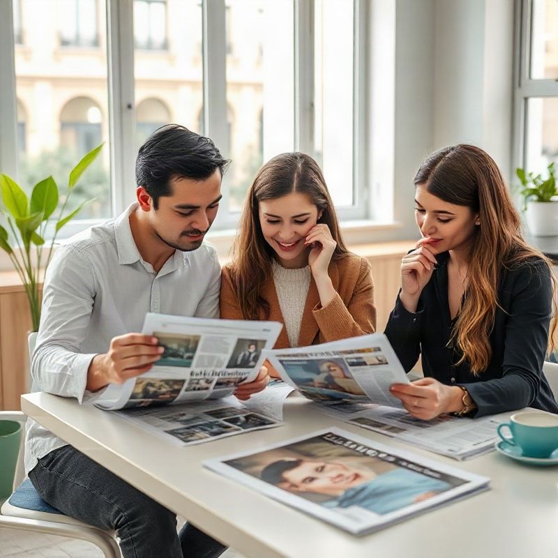 Equipo editorial pequeño revisando páginas impresas en una mesa luminosa