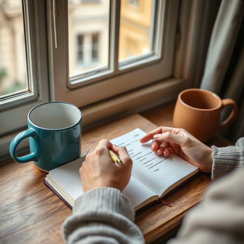 Manos escribiendo una lista de tareas junto a una taza con luz matinal