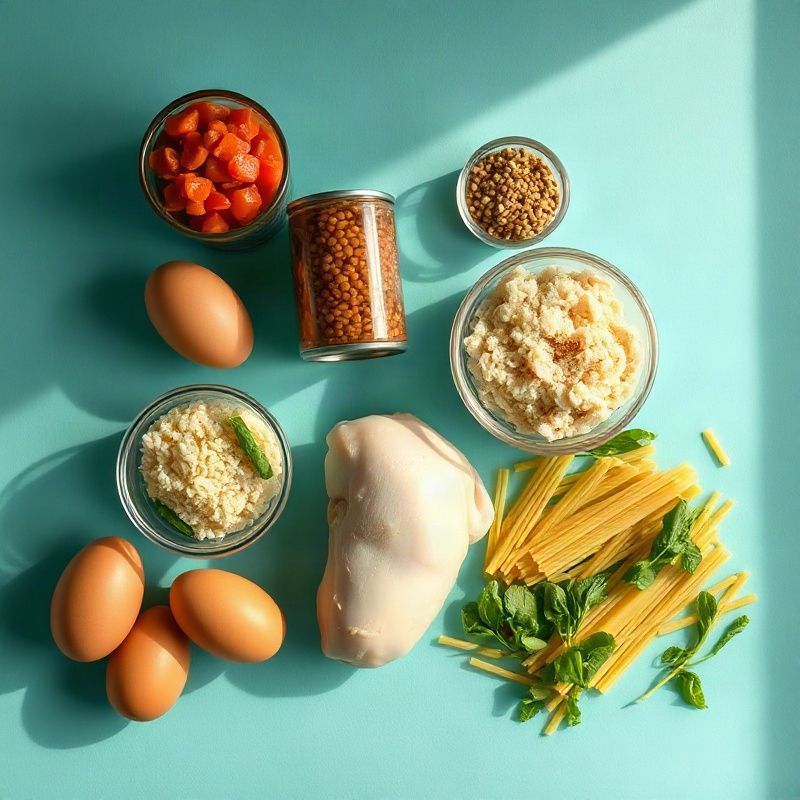 Siete ingredientes de despensa dispuestos sobre una superficie clara