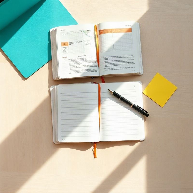 Cuadernos abiertos, notas y bolígrafo sobre una mesa clara